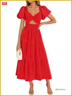 Short Puff Sleeve A-Line Smocked Cutout Maxi Dress